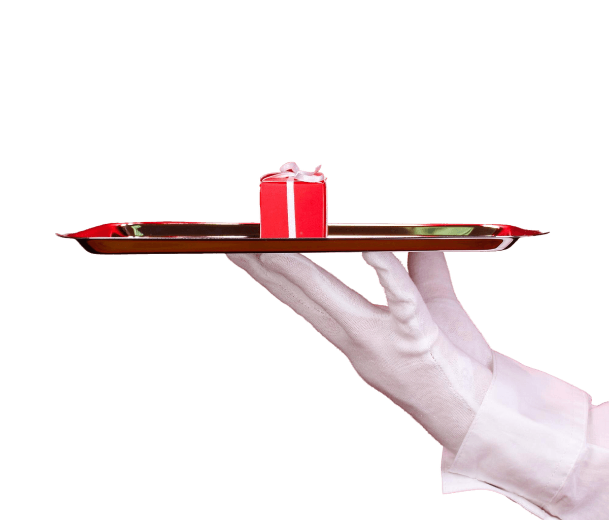Hand in a white glove holding a silver tray with a gift box